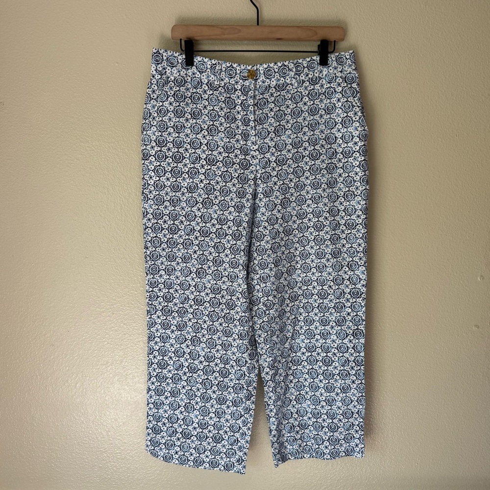Talbots Floral Blue and White Linen Blend Cropped Pants